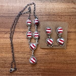 red and White Striped Sterling Silver Earring and Necklace set